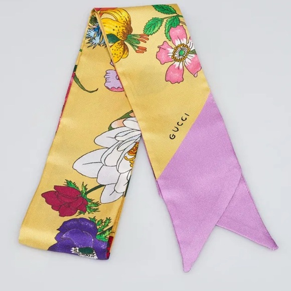 Gucci Yellow and Lavender Floral Silk Scarf - Picture 1 of 2